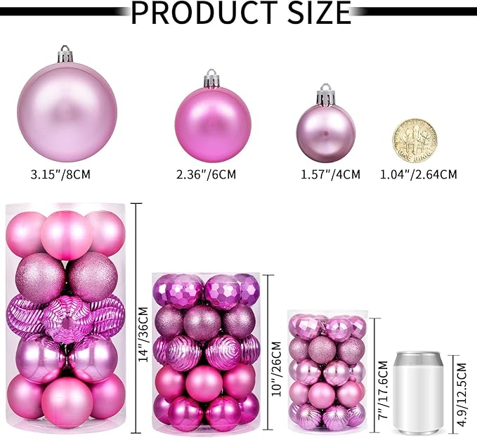 XmasExp 60mm/2.36" Christmas Ball Ornaments Shatterproof Christmas Ornaments Set Decorations for Xmas Tree Balls - 24ct (2.36'', Pink)