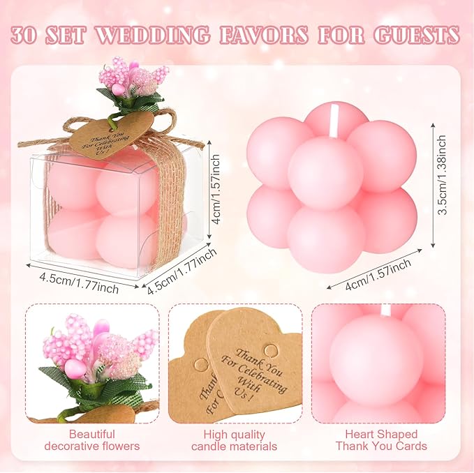 MTLEE 30 Sets Mini Bubble Candles Wedding Favors Gifts for Guests 1.57" x 1.38" Bubble Candles with Cards Dried Flowers DIY Gift Set for Baptism Party Bridal Shower Thank You Gifts (Pink)