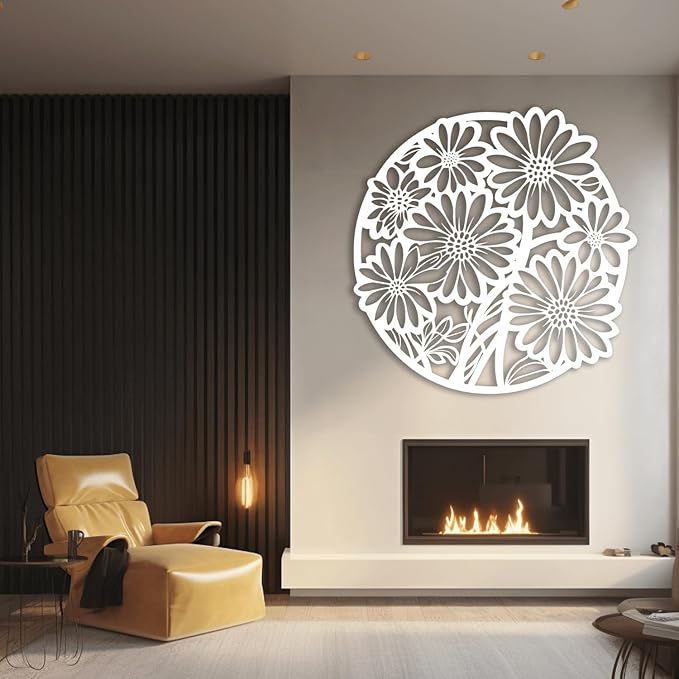XXQ Metal Wall Art Decor, Daisy Flower Metal Wall Art Sculpture for Indoor Outdoor Line Wall Art for Bedroom Living Room and Kitchen (Black, 31" x 31" / 80 x 80cm)