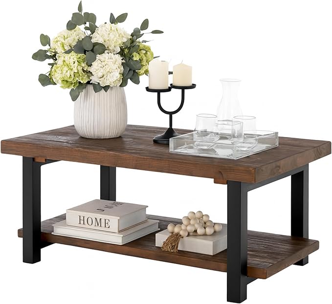 Alaterre Furniture Pomona Rustic Coffee Table with Storage Shelf - 42-Inch Industrial Modern Metal and Solid Wood Living Room Table - Easy Assembly Farmhouse Living Room Furniture (Rustic Natural)