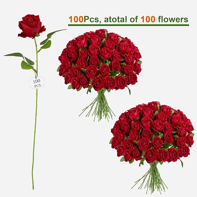 Artificial Flowers Roses Touch Fake Rose Bouquet Flower Stem for Wedding Centerpieces DIY Wreath Home Decorations Silk Roses Mothers Party Fake Outdoor Flowers Decor 19.6"(Red 100PCS)
