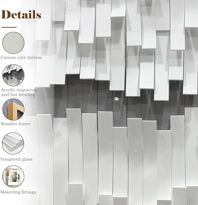 BrightA White 3D Wave Wall Sculpture - Heat-Formed Acrylic Strips Art with Dynamic Shadow Play, Solid Wood Frame Contemporary Artwork for Modern Interiors 27.5"x 39.4"