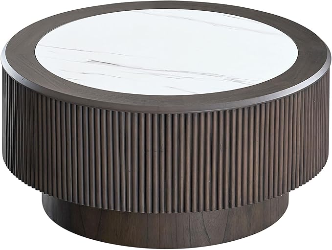Round Coffee Table with Marble Tabletop for Living Room Mid Century Modern Fluted Circle Coffee Table with Pedestal Wood Center Tables Accent Tea Table for Apartment, 31.5'' Dark Brown