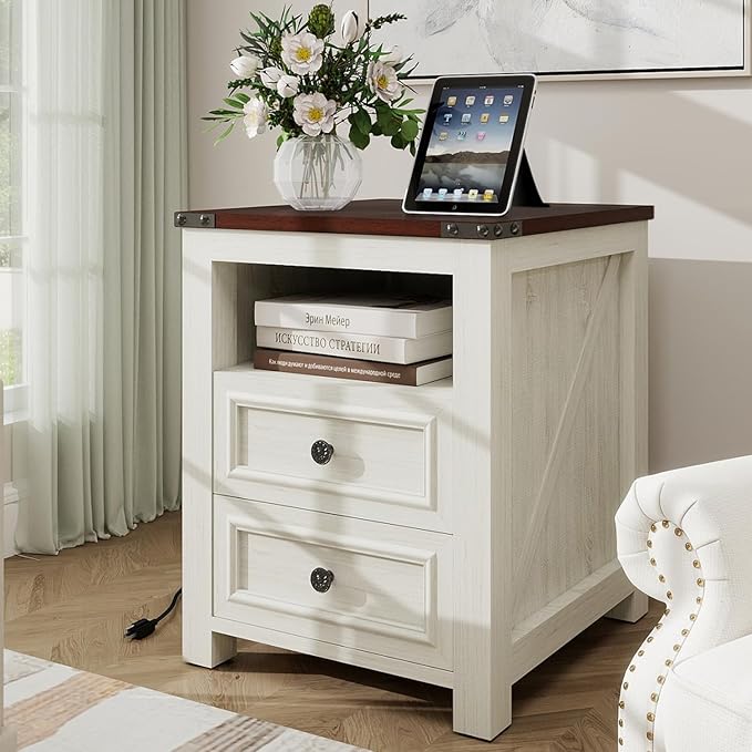 MUUEGM Farmhouse Nightstand with Charging Station, End Tables for Living Room, 18 Inch Bedside Table Side Table with Drawers and Storage Cabinet, Nightstand for Bedroom, White, Set of 1