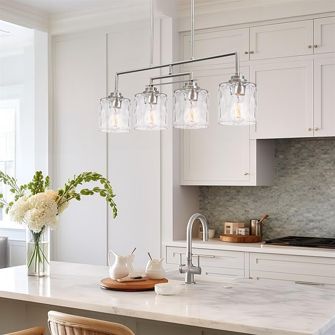 Kira Home Monroe 28" Modern 4-Light Island Light, Free Swinging Center Arm + Hammered Glass Shades, Adjustable Hanging Height, Brushed Nickel Finish