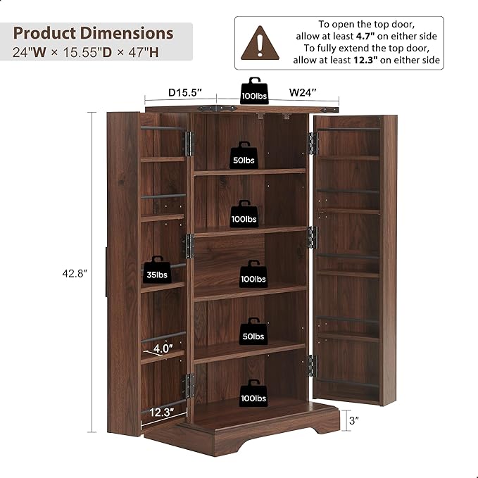 ACCOHOHO 47" Kitchen Pantry, Farmhouse Storage Cabinet with Barn Doors, Organizer and Adjustable Shelves, Rustic Wood Cupboard for Kitchen, Dining Room, Bathroom and Hallway, Brown