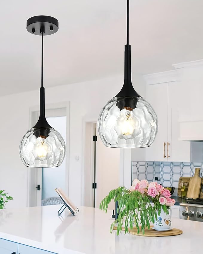 VINLUZ 2 Pack Classic Pendant Light with Round Ribbed Glass Shade, Ceiling Hanging Kitchen Island Chandelier in Black Metal Finish for Dining Room