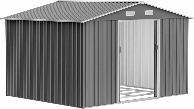10x8 FT Outdoor Storage Shed with Floor Frame, Metal Sheds Included Double Air Vents & Lockable Sliding Door Foundation Steel Garden Tool Shed with Waterproof Roof Ideal for Backyard Patio Dark Gray