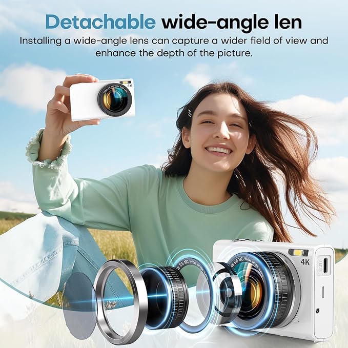 Digital Camera, 4K 64MP Digital Camera with Wide Angle Lens, Autofocus 16X Digital Zoom YouTube Compact Point Shoot Vlogging Camera with 32GB Card, 2 Batteries, for Beginners/Adults(White)