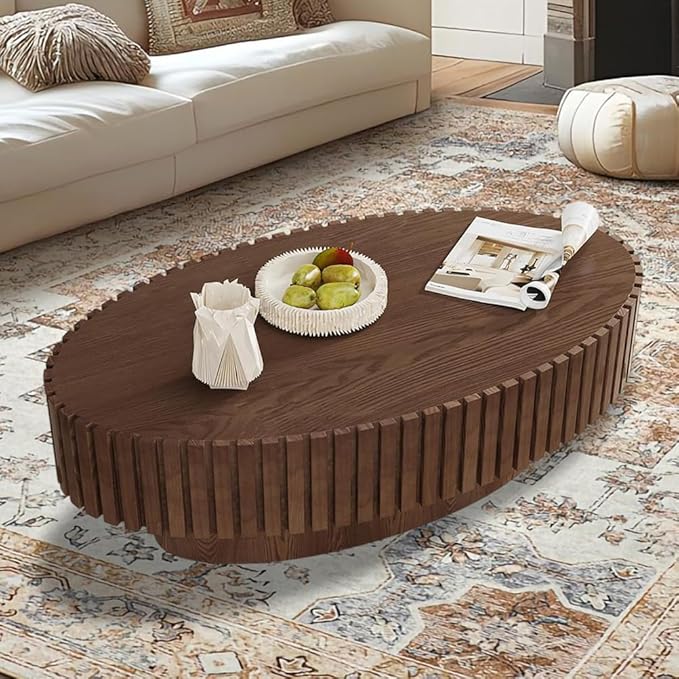 Oval Drum Coffee Table 43.3" Wooden Coffee Tables Modern Handcrafted Fluted Drum Center Table Farmhouse Tea Table with Pedestal for Living Room Small Space,Oval Brown 43.3"
