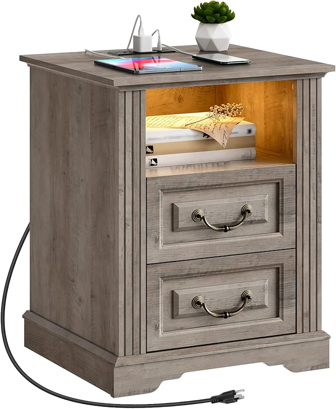 Farmhouse Nightstand with Charging Station, Wooden Night Stand with 2 Drawers, LED Bedside Table, Rustic Sofa Side Table, End Table for Bedroom, Living Room, Greige