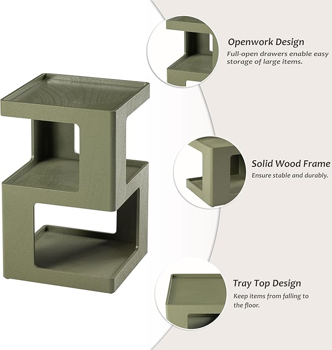 COZAYH Farmhouse Geometric Wood End Table, Distressed Accent Side Table with Two Storage Space, 3-Layer Cube Design for Bedroom, Living Room, Entryway, Green