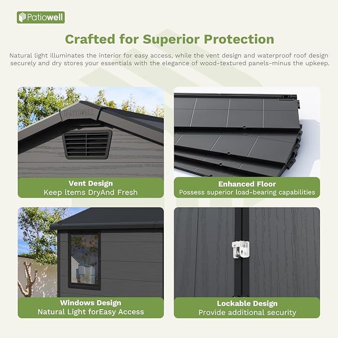 Patiowell 6X4 FT Plastic Outdoor Storage Shed with Floor, Resin Outside Tool Sheds with Window and Lockable Door for Backyard, Garden, Tool Storage Usage, Easy to Install, Dark Grey