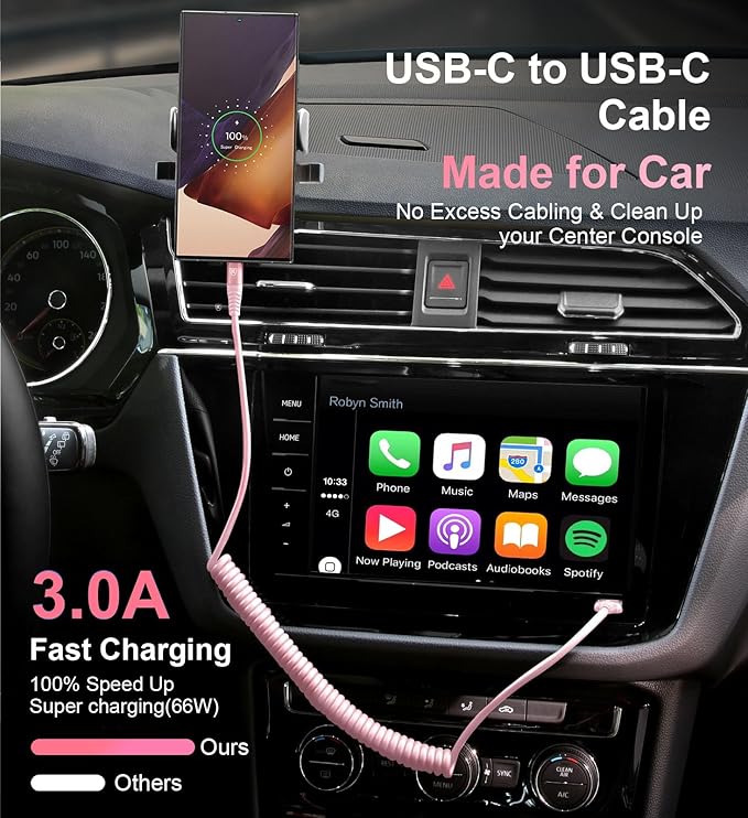 USB C to C Cable 6FT, 2Pack Coiled USB C Fast Charging Cable for Car, CarPlay iPhone USB-C Cable/Android Auto USB C Cord, USB Type C Cable for iPhone 17/16/15/Pro Max/Samsung Galaxy S23 and More-Pink