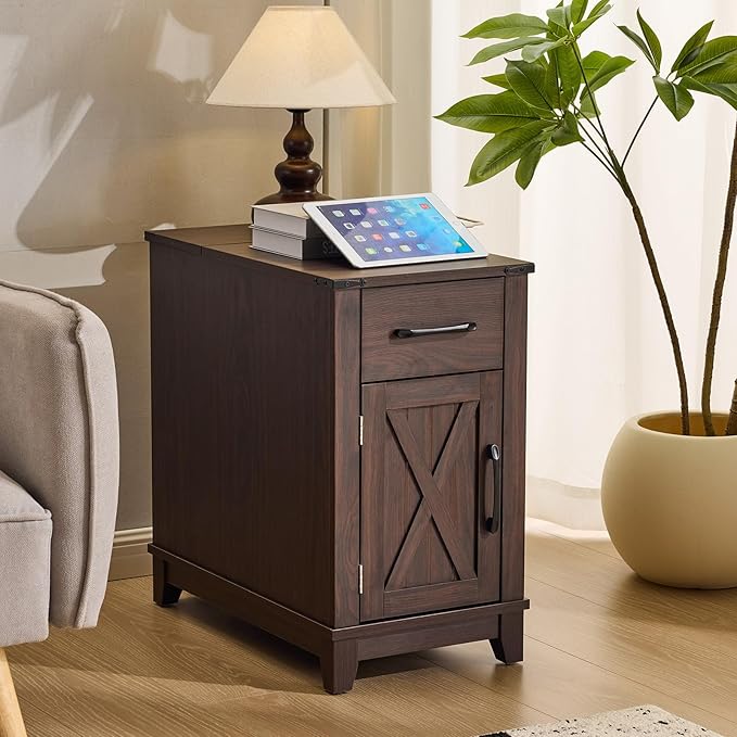 EROMMY Farmhouse End Table with Charging Station, Narrow Side Table for Living Room, Nightstand with Drawer and Storage Cabinet, Adjustable Shelf, Choco