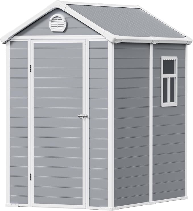 6x4.5 FT Plastic Sheds & Outdoor Storage, UV Resistant Storage Sheds Outdoor with Floor and Window, All-Weather Garden Resin Tool Shed for Lawn Mower, Yard Tools, Bike, Light Grey
