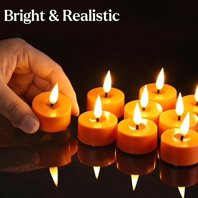 Eywamage Orange LED Tealights with Remote Batteries, Flickering Flameless Tea Votive Candles Christmas Decor Gift Set of 12