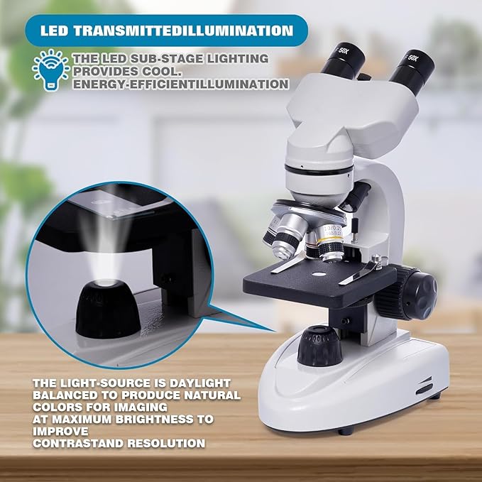 SELFIE CAT Laboratory Binocular Microscopes for Adult, 200X-5,000X Compound Biological Compound Microscope with 6X Multiplier, Electronic Eyepieces & Phone Adapter for Students, Adults, Beginners