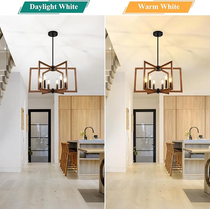 6-Light Wood Grain Chandelier, Farmhouse Dining Room Light Fixture, Modern Chandelier, Geometric Industrial Metal Hang Lighting Fixture for Foyer Entryway Kitchen Over Table Hallway Living Room