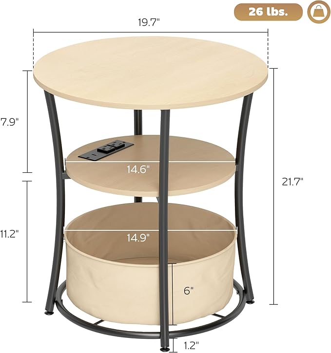 HOMCOM Round Side Table with Charging Station, 3-Tier End Table with Fabric Storage Bag, Shelf and Steel Frame for Living Room, Natural Wood