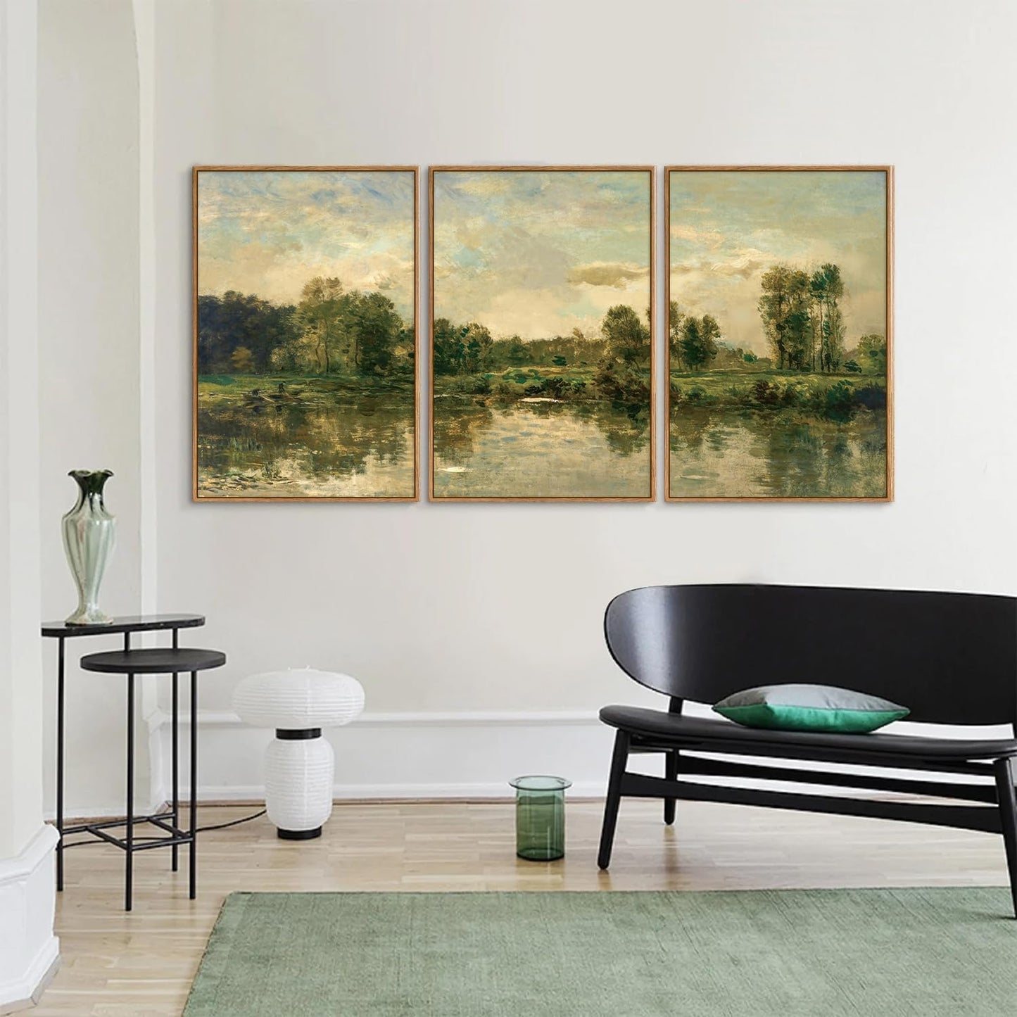 Tinonedraw Vintage Nature Framed Canvas Wall Art Set of 3, French Country Wall Decor, Olive Green Trees Art Paintings, Rustic Landscape Farmhouse Art Prints for Living Room Bedroom Office 24"x36"x3
