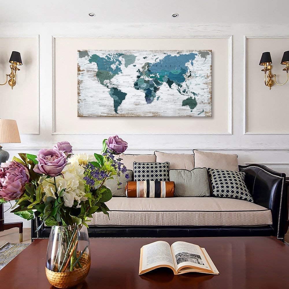 Teal Decor World Map Canvas Wall Art Pictures for Living Room Wall Decoration Blue Wall Decor Office World Map Wall Art Picture Framed Artwork for Home Bedroom Decoration 29"x58"