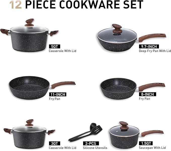 MAISON ARTS Pots and Pans Set Non Stick, 12 Piece Black Granite Kitchen Cookware Induction Compatible, Pot and Pan Sets for Cooking Nonstick