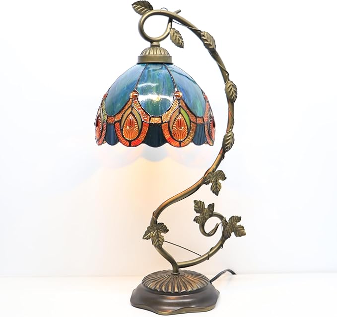 Tiffany Table Lamp, Stained Glass Desk Reading Light,Metal Leaf Table Lamp Base 8X10X21 Inches (Peacock Crystal)