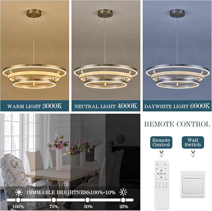 3 Ring LED Chandelier Nickel Round Chandelier Light Fixture Dimmable Foyer Chandeliers Light Weathered Wood Circular Chandeliers for Dining Room Entry Bedroom Office Living Room