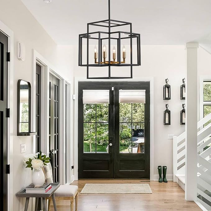 16.5" Farmhouse Chandelier, 4-Light Industrial Ceiling Pendant Light Fixture, Modern Foyer Lighting Fixtures, Dining Room Light Fixtures Over Table, Black and Gold Pendant Lights for Kitchen Island