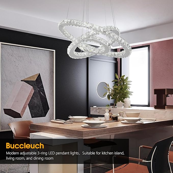 Buccleuch 3-Ring Crystal Chandelier, ETL-Listed Dimmable LED Pendant Light, Slope Ceiling Compatible Stainless Steel K9 Crystal Ceiling Light for Dining Room Bedroom Living Room, 6500K