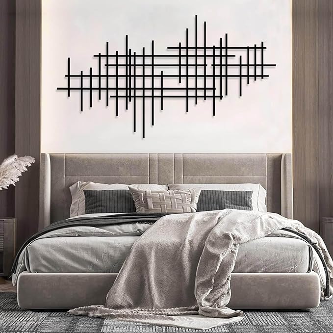 Geometric Line Metal Wall Art, Minimalist Geometric Metal Wall Art, Line Wall Decor, Modern Luxury Wall Decor, Abstract Wall Decorations, Minimalist Bedroom Wall Hanging (Black, 30"x17"/76x43cm)