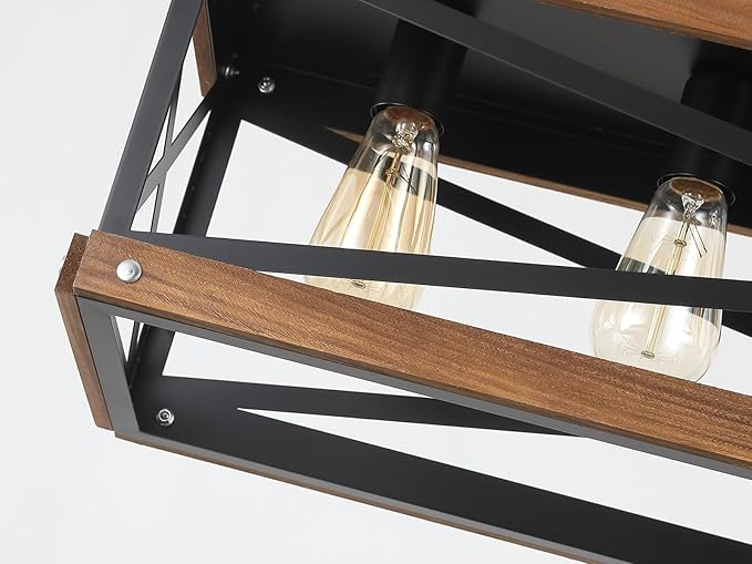Rustic Farmhouse Wood Kitchen Island Lighting, 6 Lights Rectangular Pendant Light Fixture, Adjustable Chain Oak Wood and Metal Linear Chandelier for Dining Room Kitchen Island Farmhouse, Black