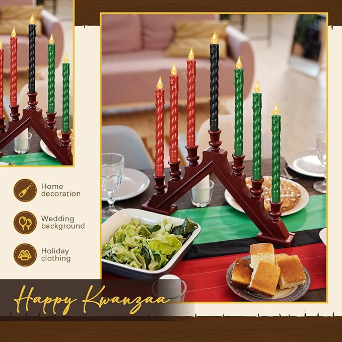Riakrum 7 Pieces Kwanzaa Candles Set Kwanzaa Flameless Taper Candles Battery Operated for Church Celebration Decoration (9.65 Inches,Thread Style)