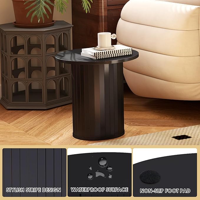 COSVALVE Round Wood Fluted End Table, 15.7” Circle Farmhouse Side Table Sets for Living Room, Bedroom, Balcony, Small Spaces, Black