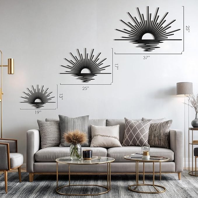 Sun Lines Metal Wall Art, Minimalist Black Sunrise Wall Decor, 3D Shadow Effect, Ready to Hang, Steel Wall Sculpture for Living Room, Bedroom or Entryway