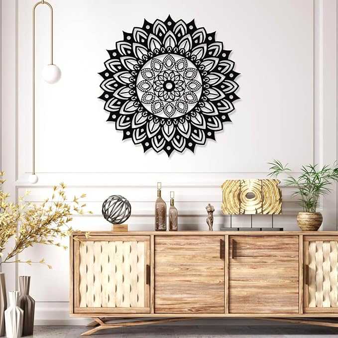 Metal Mandala Wall Decor, Metal Mandala Lotus Flower Wall Art, Flowers of Life Art, Lotus Flower Wall Hanging, Yoga Decor, Living Room Wall Hanging (Black, 24"x24"|60x60cm)