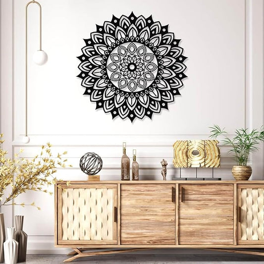 Metal Mandala Wall Decor, Metal Mandala Lotus Flower Wall Art, Flowers of Life Art, Lotus Flower Wall Hanging, Yoga Decor, Living Room Wall Hanging (Black, 31"x31"|80x80cm)