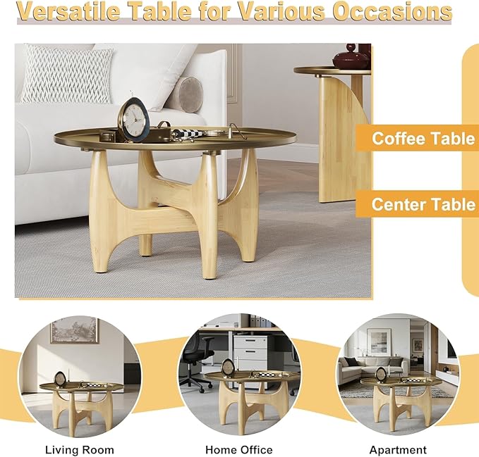 ACEDÉCOR 30“ Round Coffee Table, Brushed Gold Center Table with Low-Rim Edge Tray Top and Solid Wood X-Cross Base for Living Room Office Apartment