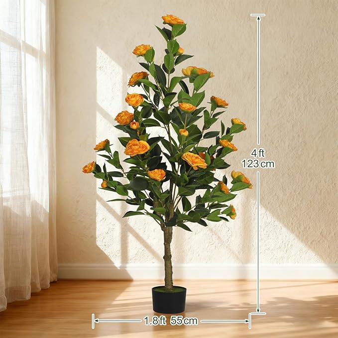 2-Pack 4FT Artificial Camellia Tree,Realistic Fake Potted Plants with Flowers&Planters,Indoor/Outdoor Faux Flowering Trees for Home,Office,Porch,Wedding,and Housewarming Gift Decor,Orange