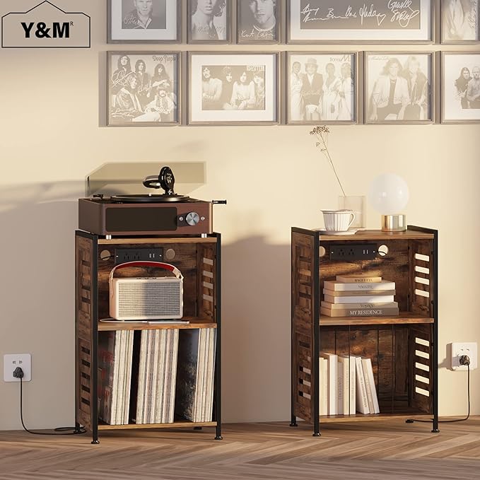 Y&M Record Player Stand, Vinyl Turntable Stand with Charging Station and USB Port, Record Display Table with Storage Cabinet, Turntable Holder, End Table, Nightstand for Bedroom, Living Room, Brown