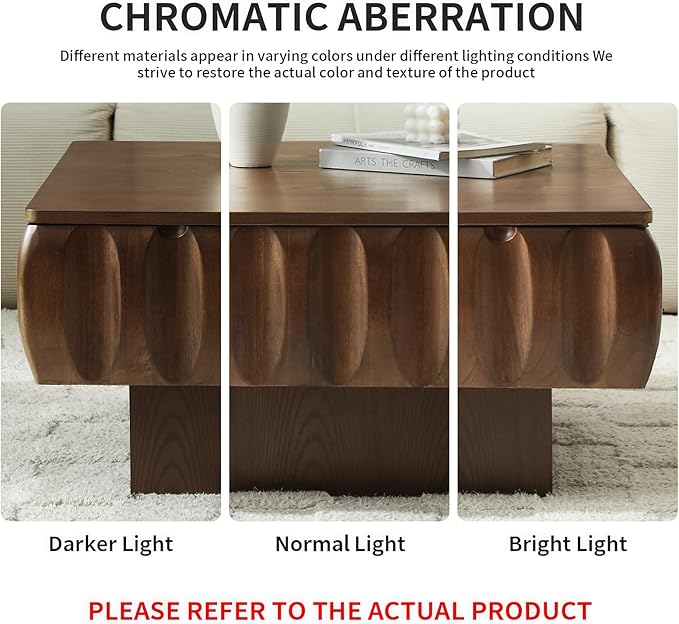 LKTART 31" Lift Top Coffee Table for Living Room, Fluted Coffee Table with Hidden Storage Compartment, Mid Century Modern Solid Wood Veneer Square Center Table for Office Apartment Small Space, Walnut