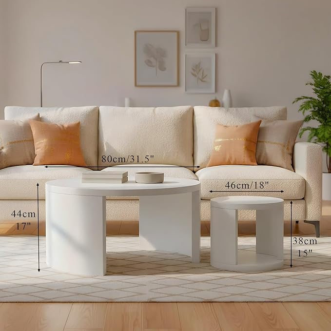 Round Coffee Table Set of 2, Nesting Coffee Tables with Storage,Living Room Table Set,Modern Wood Center Table for Living Room,Apartment,31.5" & 18" Coffee Table Set,White
