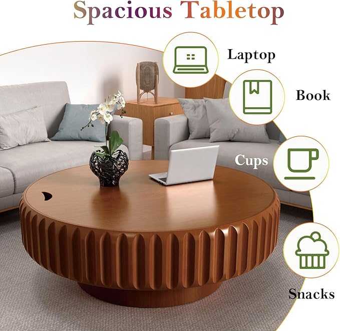 39.37" Round Drum Coffee Table with Storage Retro Rustic Center Table - Solid Wood Handcrafted Relief Veneer for Farmhouse Apartment (B Round 39.37in)