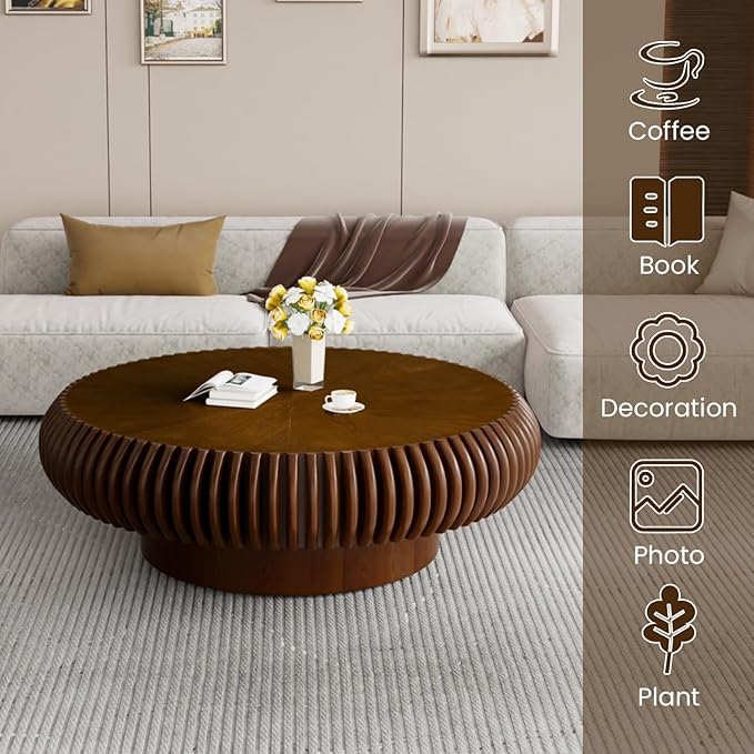 39.3" Drum Coffee Table Modern Unique Fluted Tea Table Contemporary Wood Round Coffee Table with Fluted Centry Table for Living Room Walnut (39.3" Walnut)