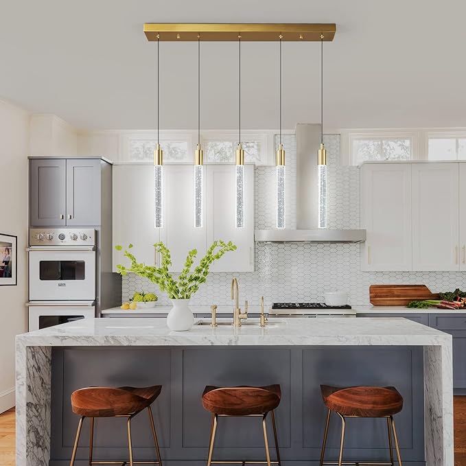 Kitchen Island Lighting Modern Light Fixture Gold Pendant Light Dimmable LED Brass Finish Mini Crystal Pendant Lights for Dining Room Living Room（5-Light）