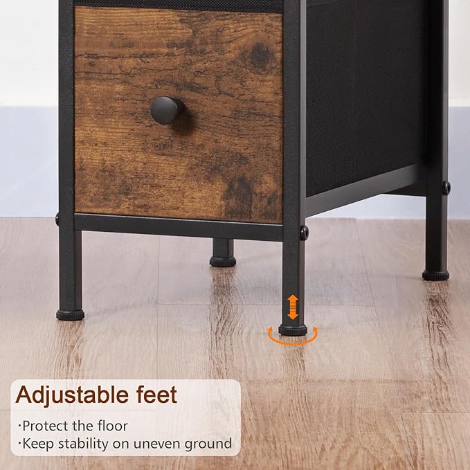 Narrow Nightstand with Charging Station, End Tables Living Room Set of 2, Skinny Side Table with Fabric Drawers, Small Sofa Table with LED Light for Bedroom, Brown, HETNDP02LBR