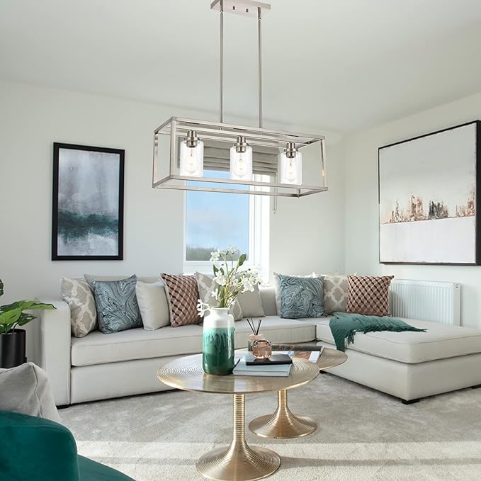 MELUCEE Rectangle Chandeliers for Dining Room Brushed Nickel Finish 3-Light Kitchen Island Lighting Modern Light Fixtures Ceiling Hanging for Hallway Living Room, Clear Glass Lampshade