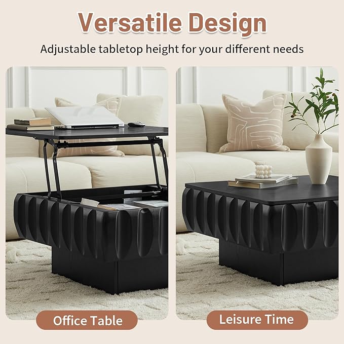 LKTART 31" Lift Top Coffee Table for Living Room, Fluted Coffee Table with Hidden Storage Compartment, Mid Century Modern Solid Wood Veneer Square Center Table for Office Apartment Small Space, Black