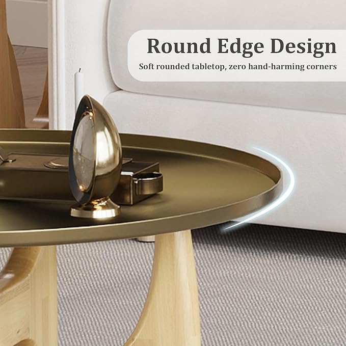 ACEDÉCOR 30“ Round Coffee Table, Brushed Gold Center Table with Low-Rim Edge Tray Top and Solid Wood X-Cross Base for Living Room Office Apartment